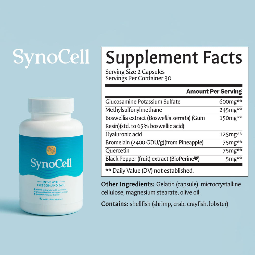 Synocell chondroitin capsules with Boswellia illustrate natural joint support.