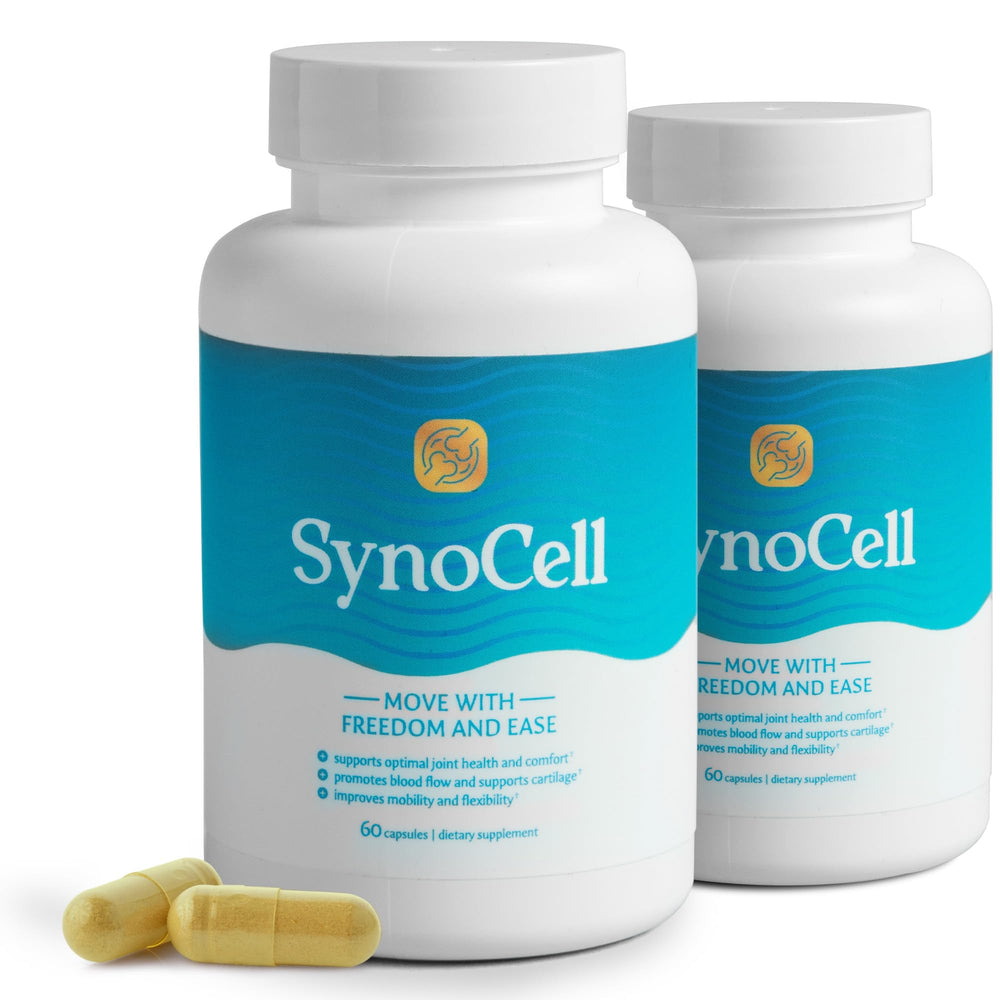Synocell glucosamine chondroitin bottle supports joint comfort during daily activities.