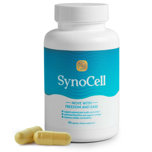 Synocell glucosamine-chondroitin bottle promotes daily joint comfort.