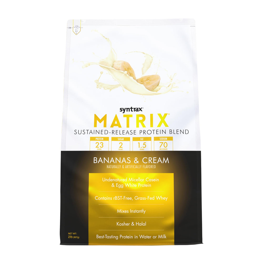 Syntrax Matrix banana cream powder packaging showing convenient, sustained fueling.