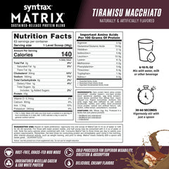 Syntrax Matrix ingredients panel highlighting whey, casein, and egg white protein variety