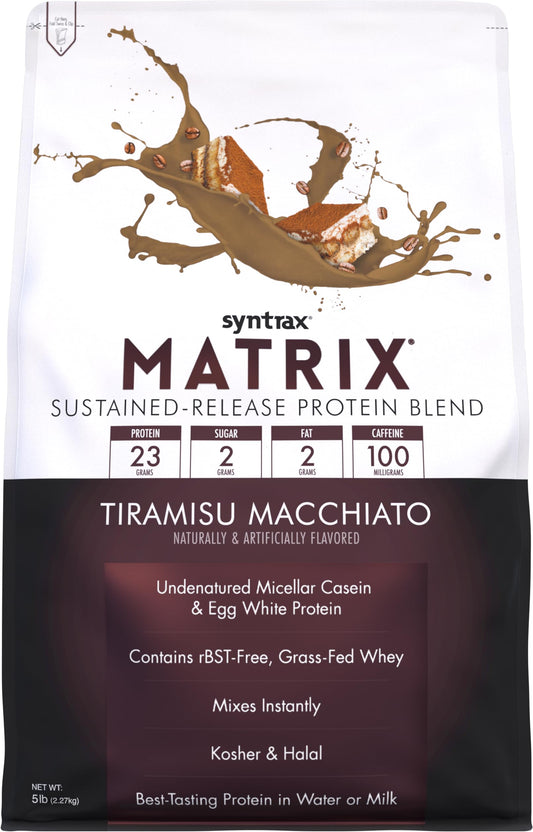 Syntrax Matrix bottle showing sustained-release protein for steady workouts