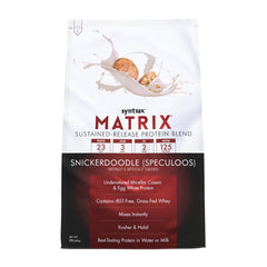 Syntrax Matrix container displaying a premium sustained-release protein blend for shakes.