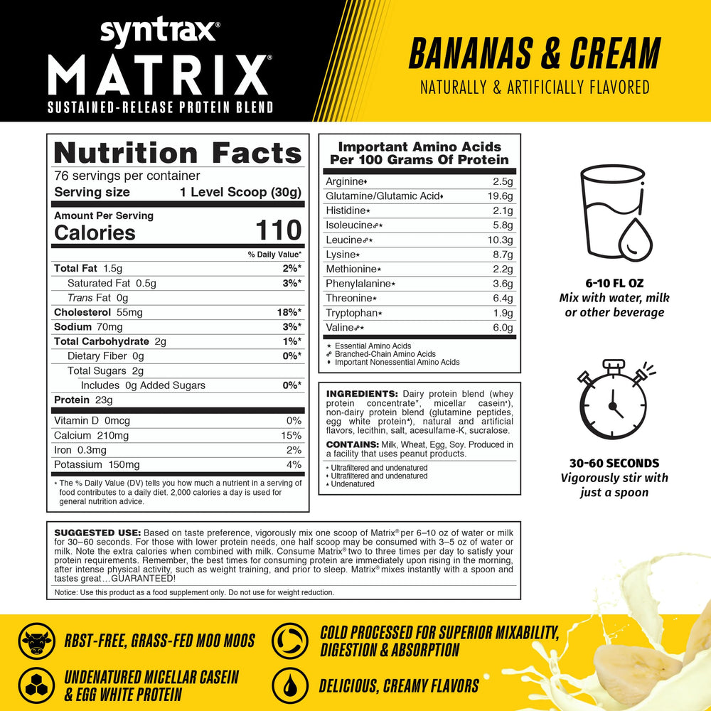 Syntrax Matrix undenatured micellar casein and egg white in a premium protein blend.