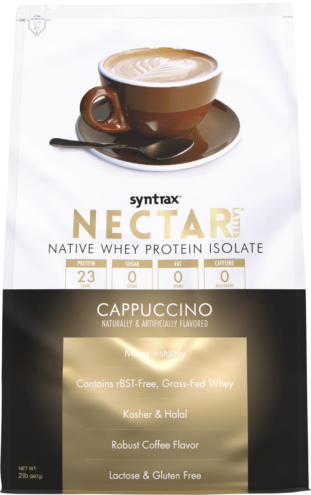 Syntrax Nectar Lattes Cappuccino tub front view, rich protein coffee boost for post-workout.