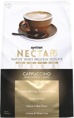 Syntrax Nectar Lattes Cappuccino tub front view, rich protein coffee boost for post-workout.