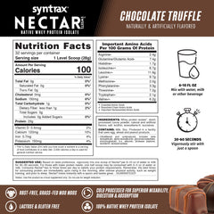 Glass of milk with Nectar Sweets chocolate truffle showing a gourmet protein shake.