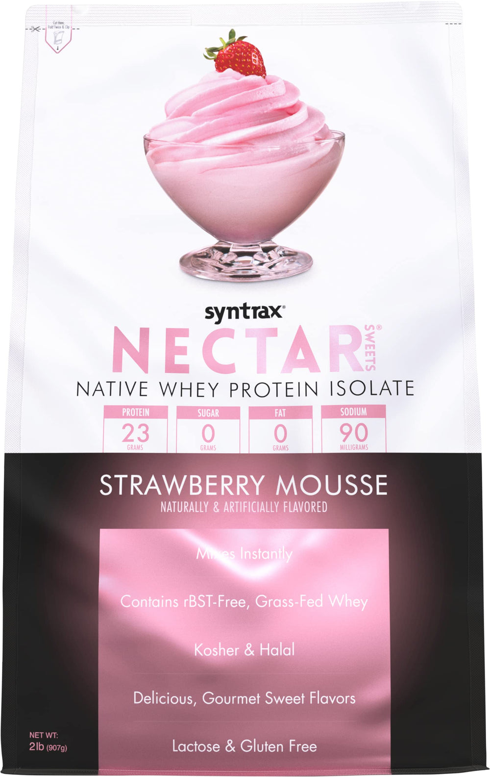 Syntrax Nectar Sweets Strawberry Mousse bottle pouring a zero-carb protein shake