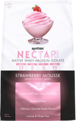Syntrax Nectar Sweets Strawberry Mousse bottle pouring a zero-carb protein shake
