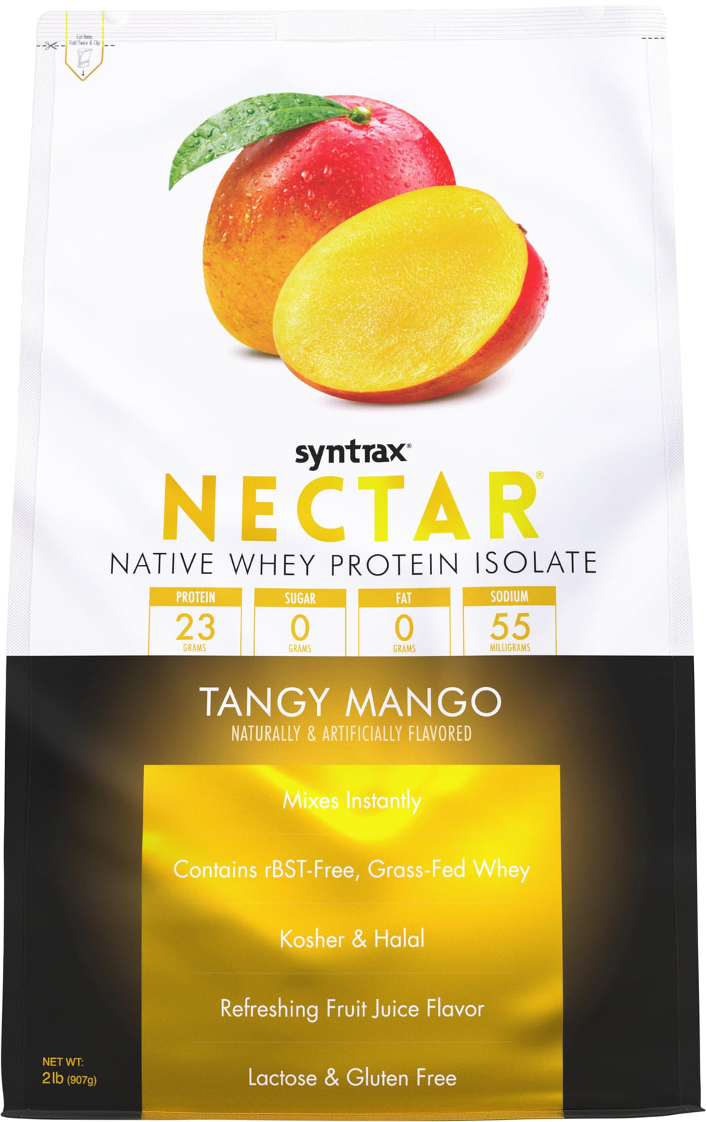 Syntrax Nectar Tangy Mango tub front, zero sugar protein powder for daily fueling.