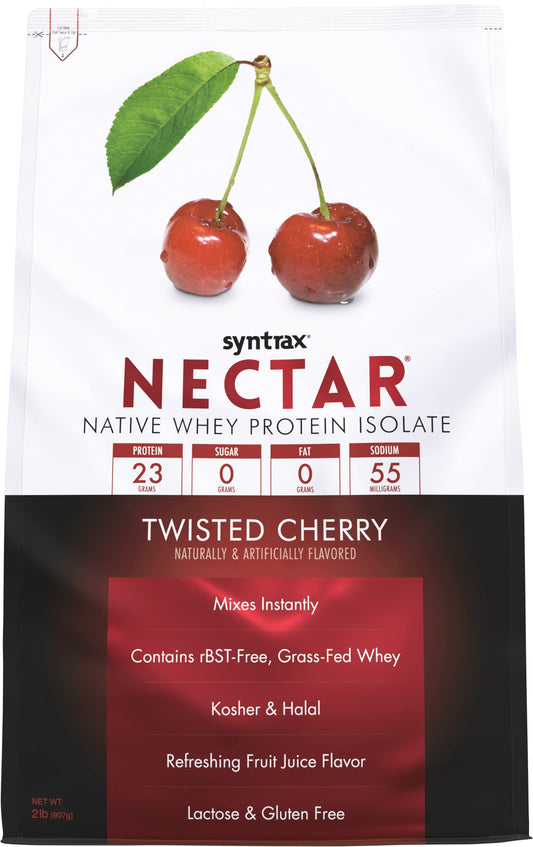 Syntrax Nectar Twisted Cherry tub label highlights zero sugar option.