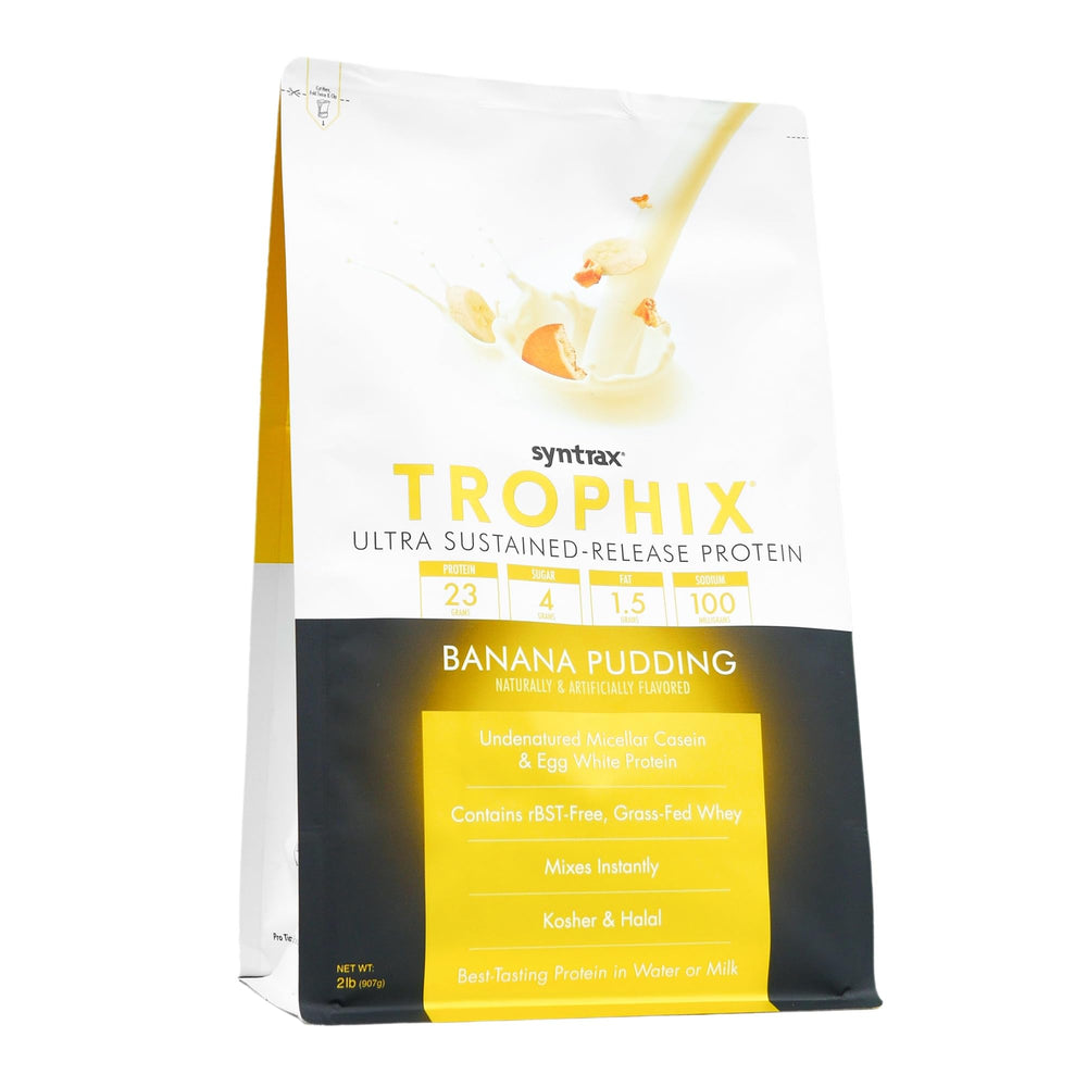 Scoop of Syntrax Trophix Banana Pudding for fast, smooth shakes