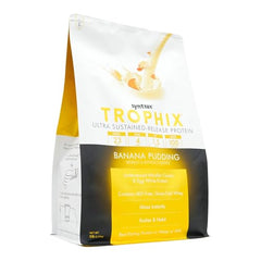Syntrax Trophix Banana Pudding tub back panel detailing ingredients and protein blend