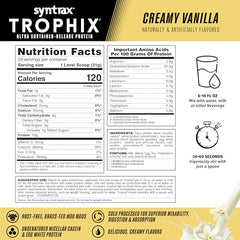 Syntrax Trophix label closeup emphasizing grass-fed whey and undenatured proteins