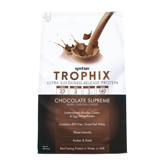 Syntrax Trophix Chocolate Supreme tub with label for quick protein fueling.