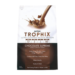 Syntrax Trophix Chocolate Supreme tub with label for quick protein fueling.
