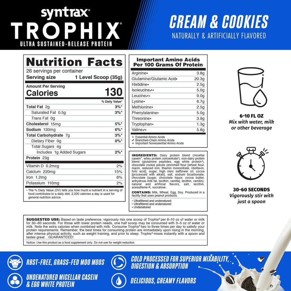 Syntrax Trophix real cookie pieces visible in powder bowl hinting at indulgence with protein boost