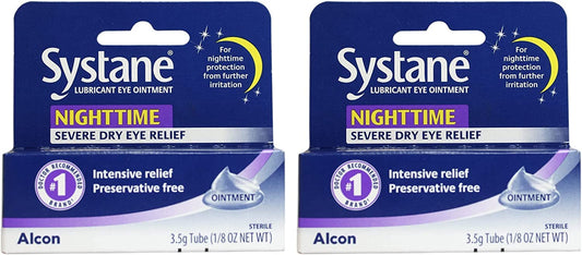 Systane Nightime Eye Ointment 2-Pack bottle front for overnight moisture protection.