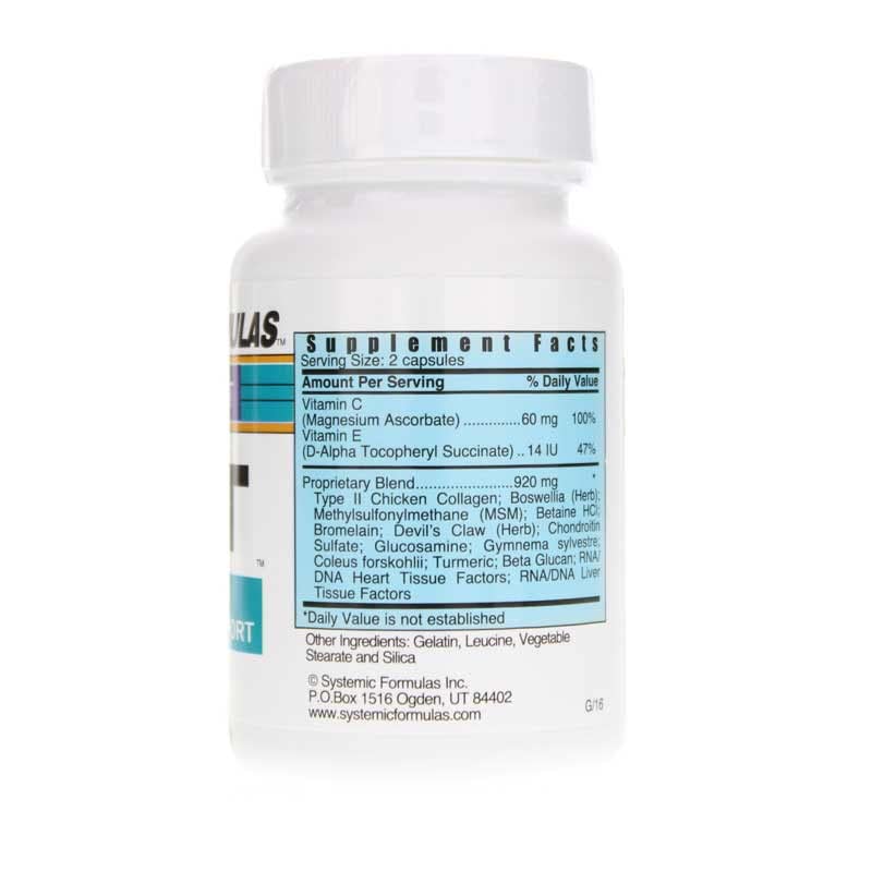 Systemic Formulas JOT label-ingredients view highlights collagen, MSM, and chondroitin.