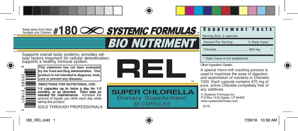 Systemic Formulas REL - CHLORELLA packaging display highlights product benefits.