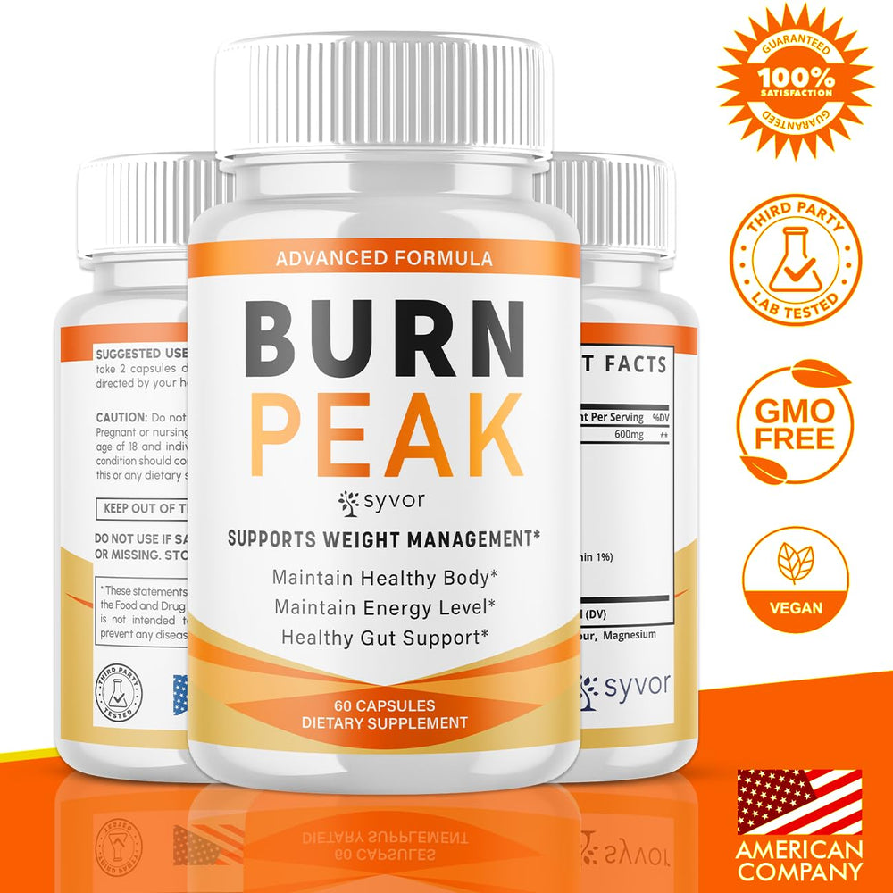 Close-up of Syvor Burn Peak capsules highlighting all-natural ingredients.