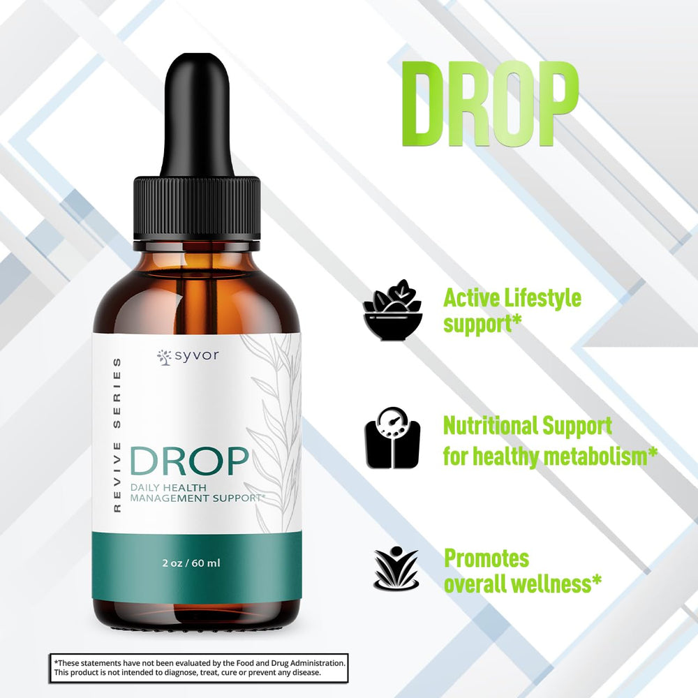 Syvor Drop The Pounds Drops bottle shows natural ingredient blend.