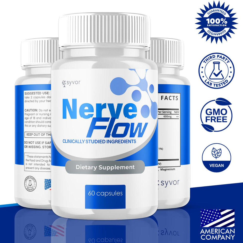 Syvor Nerve Flow capsules close-up natural ingredients for a balanced lifestyle.