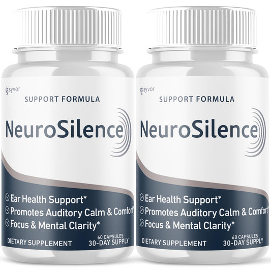 Syvor Neurosilence bottle front shows two-pack packaging for ear health support.