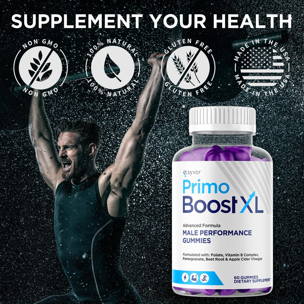 Syvor Primo Boost XL Gummies bottle back with ingredient highlights and serving info.