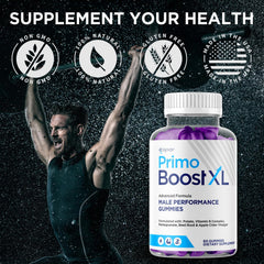Syvor Primo Boost XL Gummies bottle back with ingredient highlights and serving info.