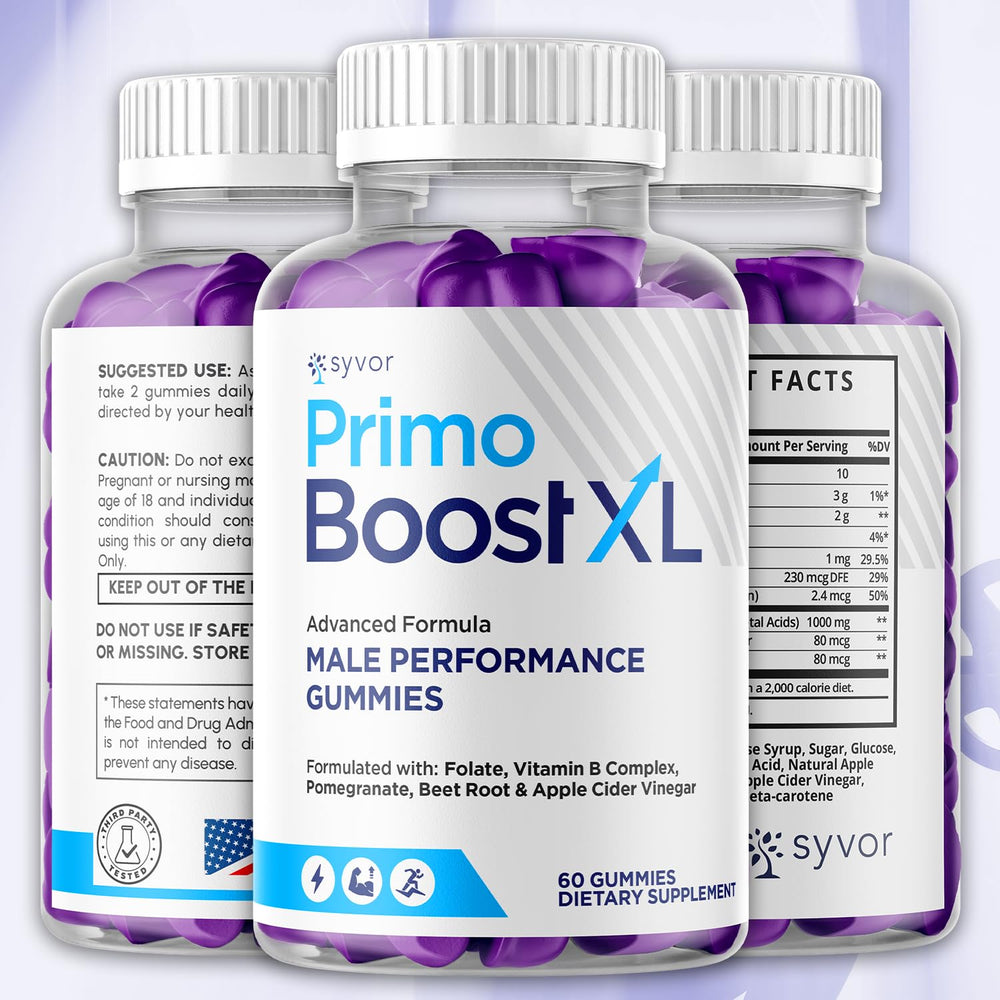 Syvor Primo Boost XL Gummies 2-pack display for an active lifestyle.