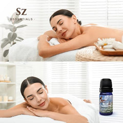 Sz Essentials Blue Yarrow bottle label highlighting pure essential oil quality