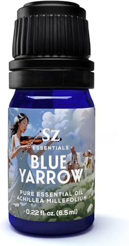 Sz Essentials Blue Yarrow bottle pour showcasing calming aroma for relaxation