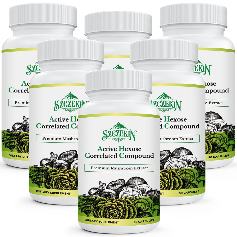 SZCZEKIN AHCC 1500 mg bottle highlighting eight-mushroom blend for immune support.