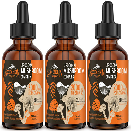 SZCZEKIN Liposomal Mushroom Drops bottle for daily immune support and mental focus.