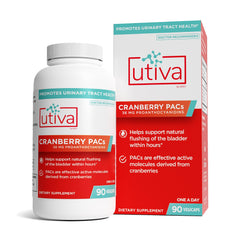 Szio+ Utiva Cranberry PACs bottle front shows daily urinary health support