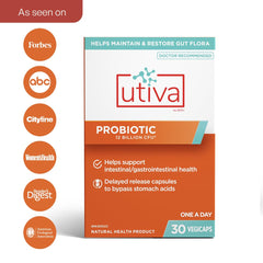 Szio+ Utiva probiotic capsules close-up highlights delayed-release design for intestinal delivery.
