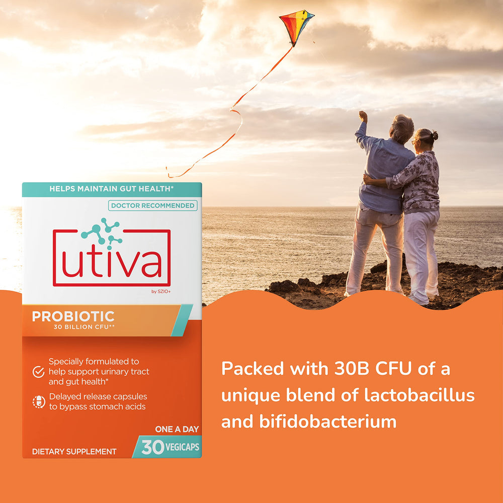 Szio+ Utiva probiotic packaging emphasizes vegan, gluten-free formula for daily wellness.