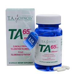 TA-65 bottle by T.A. Sciences showing professional telomere activation support