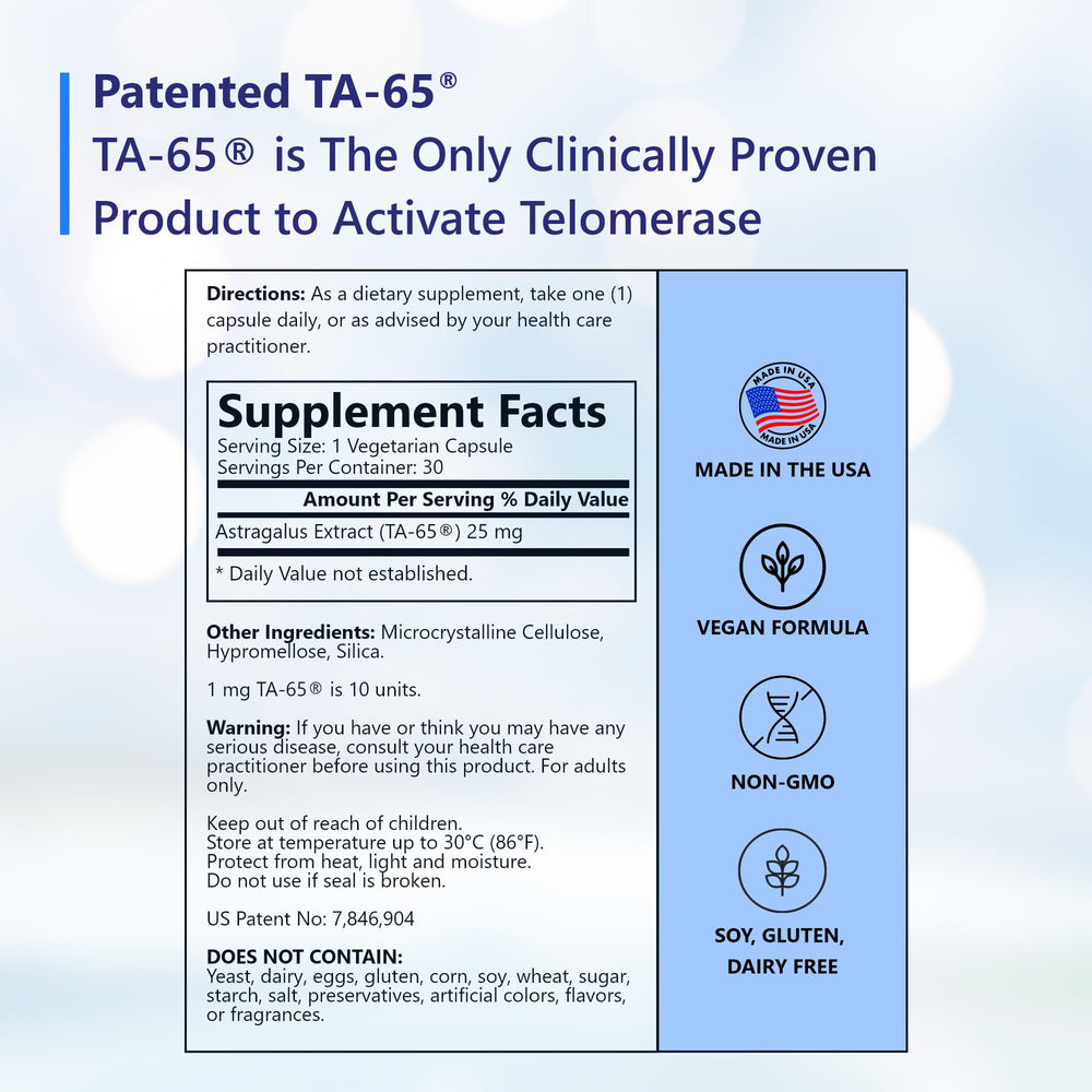 TA-65 label from T.A. Sciences with potency and origin information