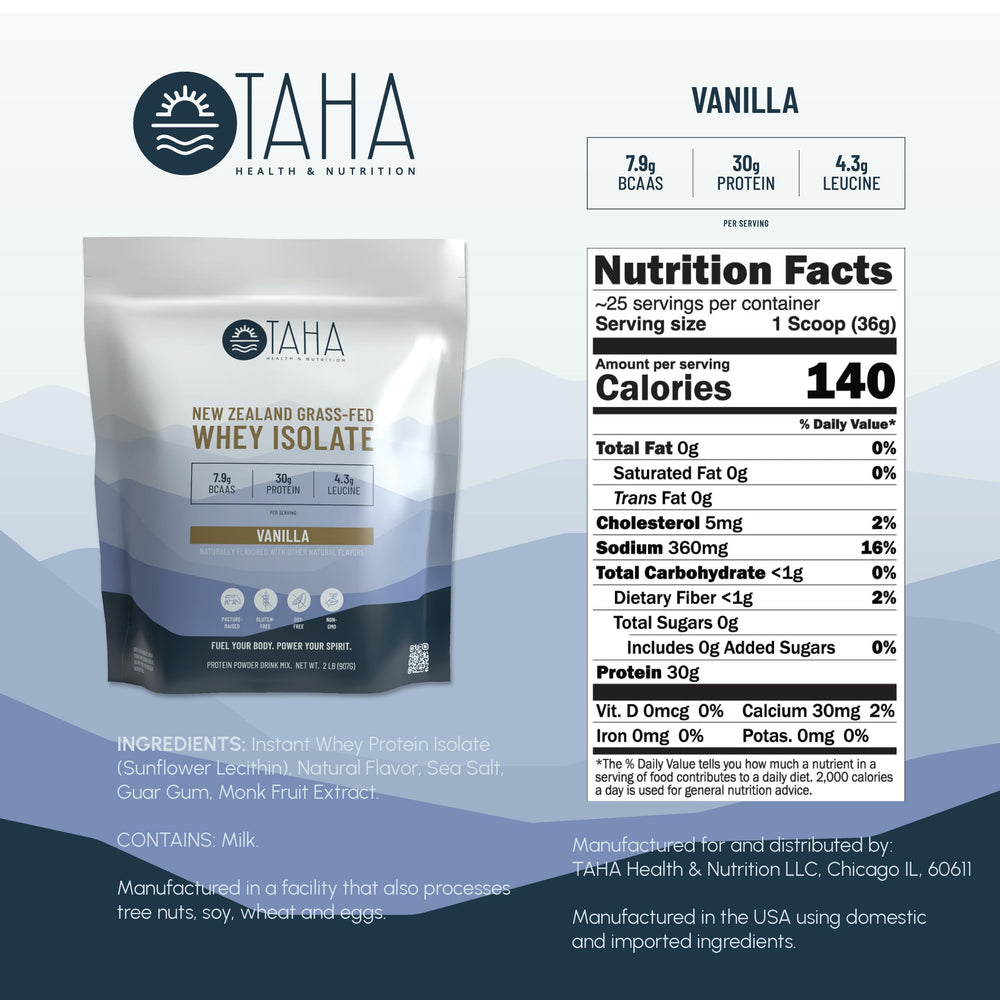 Taha Health & Nutrition vanilla whey grass-fed dairy origin signals clean sourcing.
