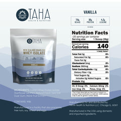 Taha Health & Nutrition vanilla whey grass-fed dairy origin signals clean sourcing.