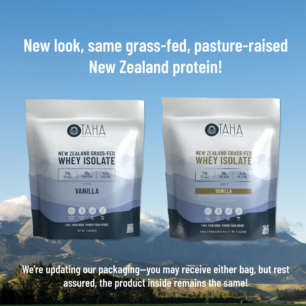 Taha Health & Nutrition vanilla whey powder scoop for quick protein boost.