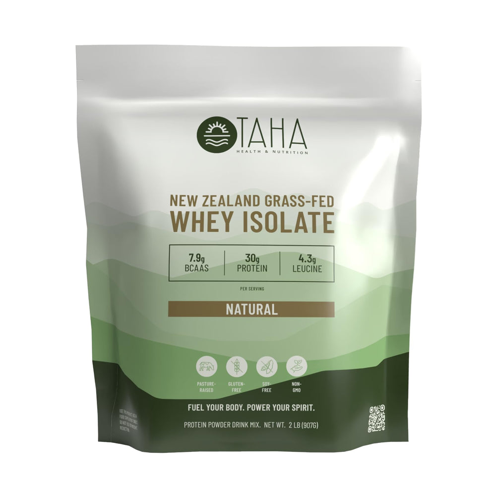 Taha Health & Nutrition whey isolate bottle, unflavored, ideal for post-workout recovery.