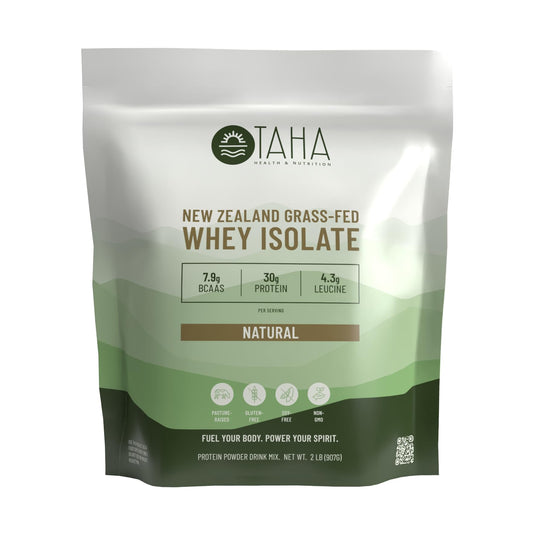 Taha Health & Nutrition whey isolate bottle, unflavored, ideal for post-workout recovery.