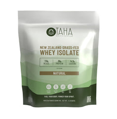 Taha Health & Nutrition whey isolate bottle, unflavored, ideal for post-workout recovery.
