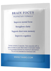 Close-up of TAHIRO Brain Focus capsules showing two-capsule serving