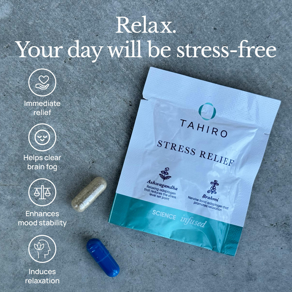 TAHIRO Stress-Relief capsules close-up for mood and focus support.