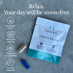 TAHIRO Stress-Relief capsules close-up for mood and focus support.