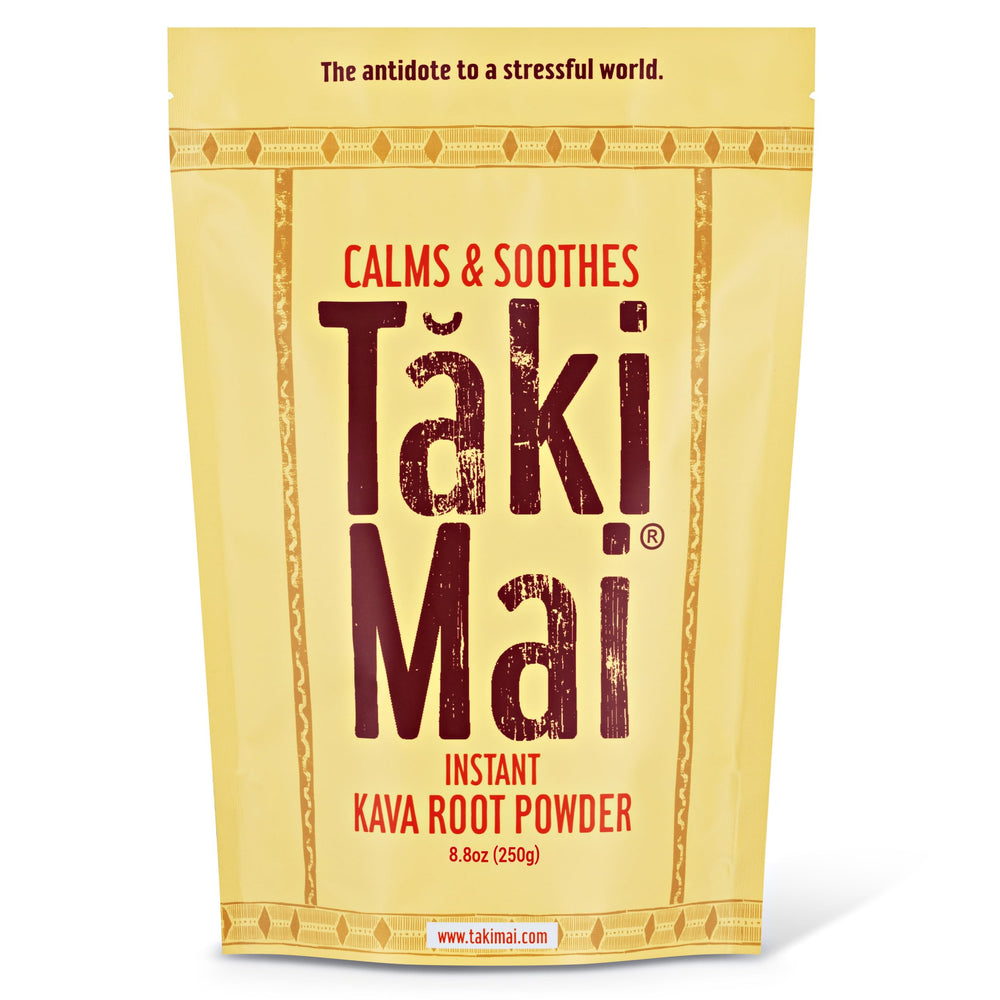 Taki Mai noble kava root powder bottle for daily relaxation rituals.